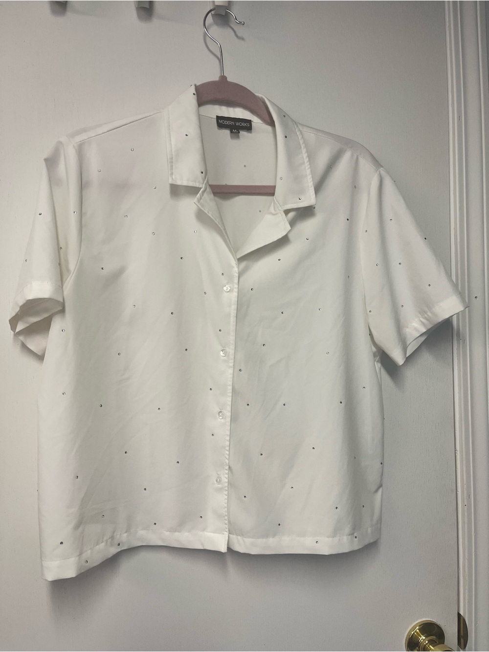 White Rhinestone Embellished Button Front Shirt Blouse M